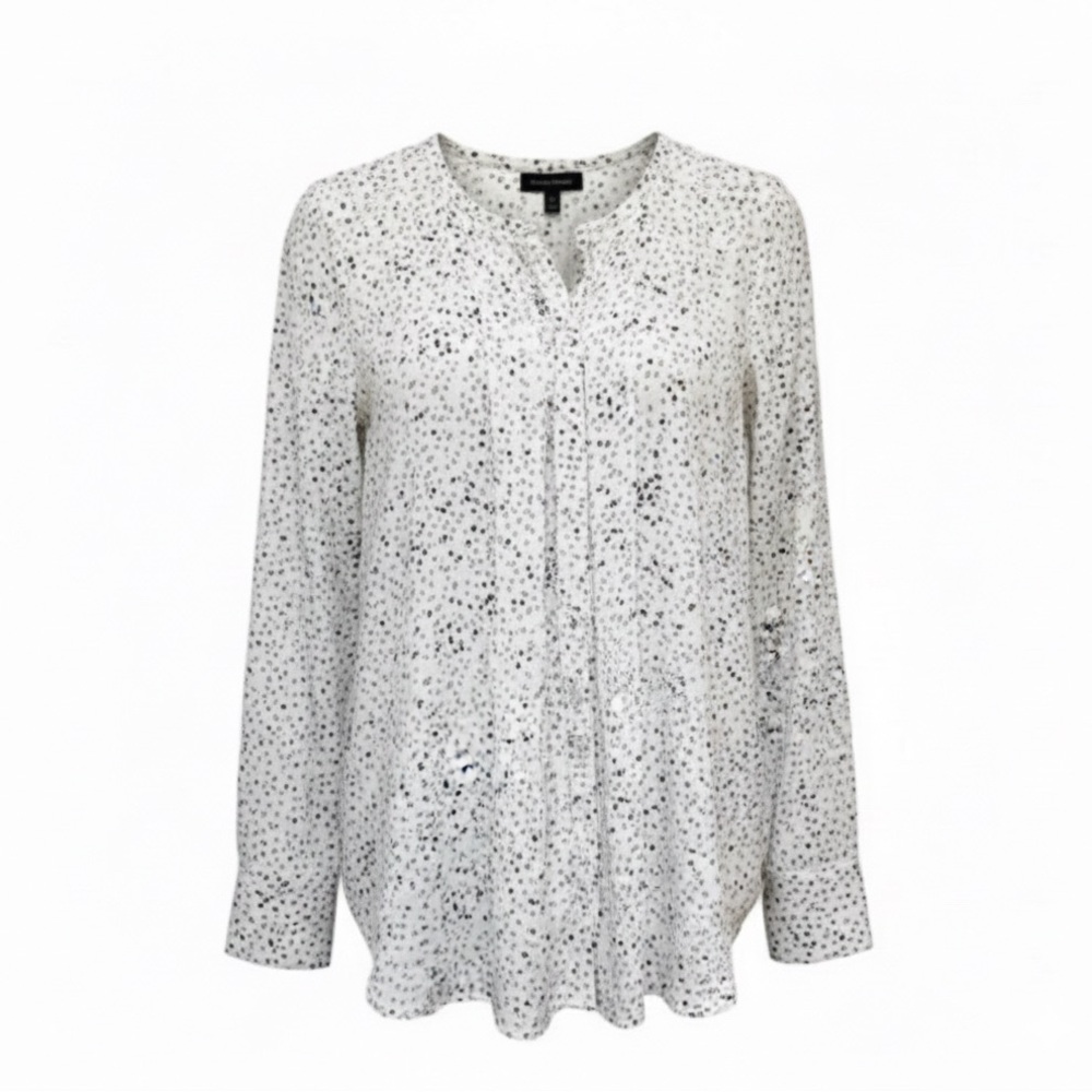 100% Silk Donna Karen Polka Dot Button Down Pleated Front Blouse Size Small